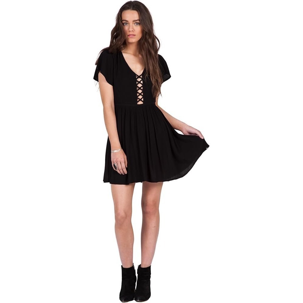 Volcom Black Mini Dress Lace Up V Neck Short Sleeve Casual‎ Size Small